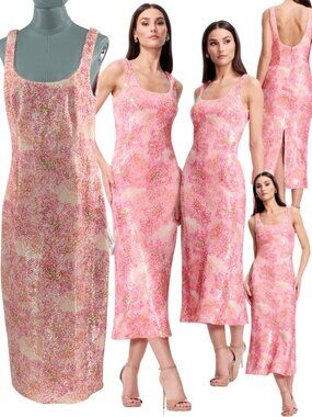 🆕 DRESS THE POPULATION 🧿 NWOT Leo Abstract Floral Sequin Dress, Fuchsia - Sz L